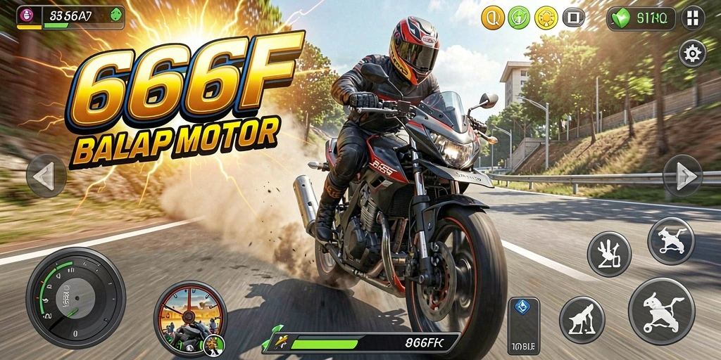 Gameplay mendebarkan dalam balap motor di 666F.