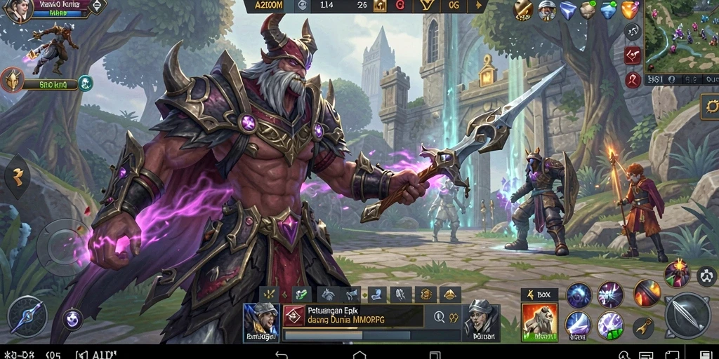 Tangkapan layar A200M menampilkan pertempuran epik di dunia MMORPG.
