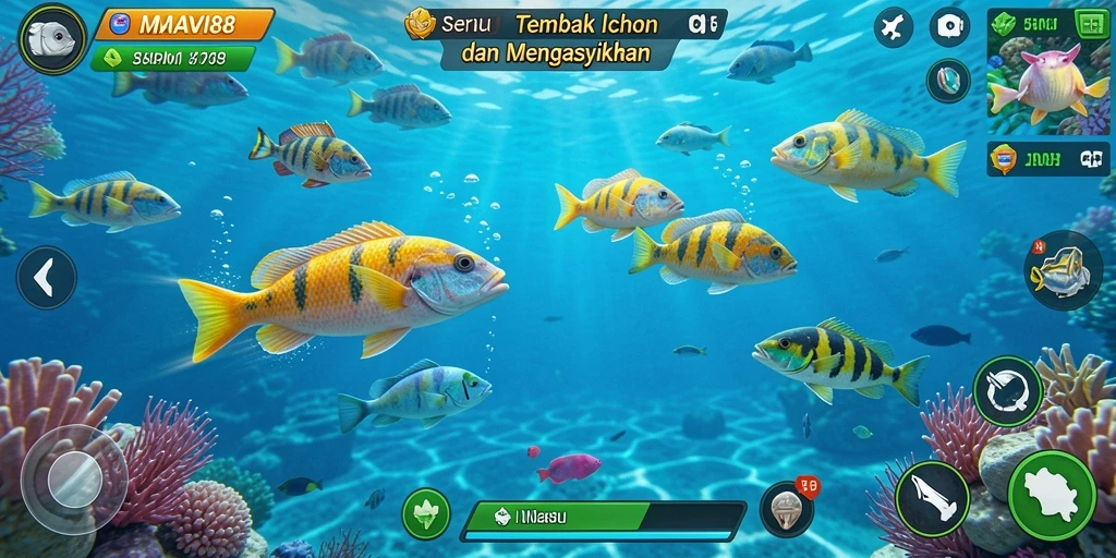 Tampilan gameplay AMAVI88 dengan aksi menembak ikan yang seru.