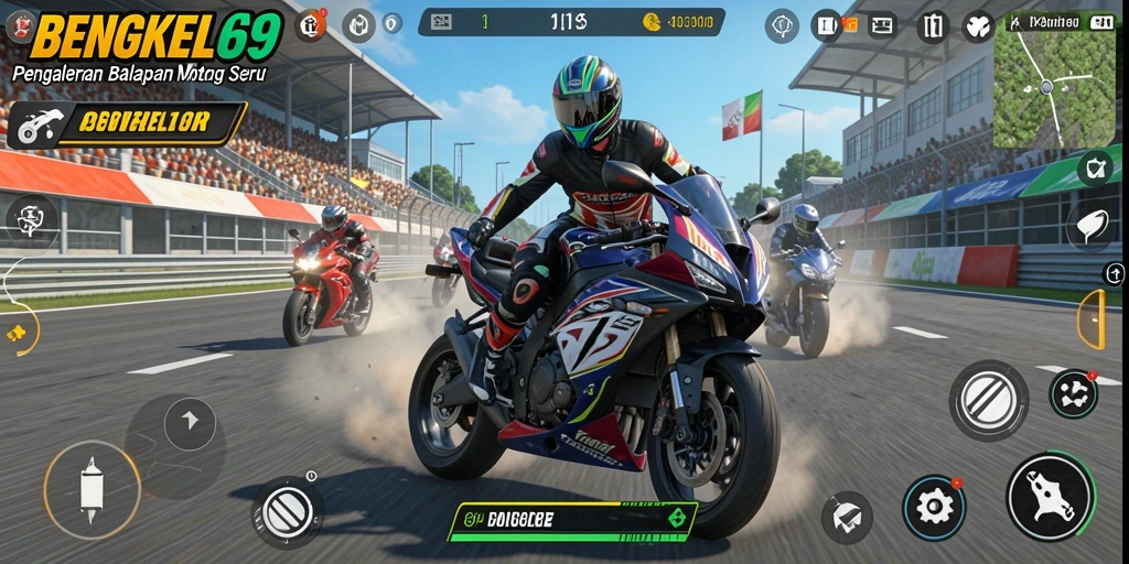 Screenshot gameplay BENGKEL69 menampilkan balapan motor yang mendebarkan.