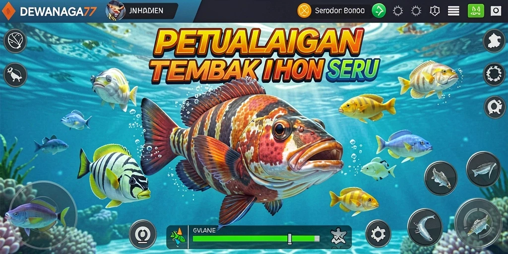 Tampilan gameplay DEWANAGA77 dengan aksi menembak ikan yang seru.