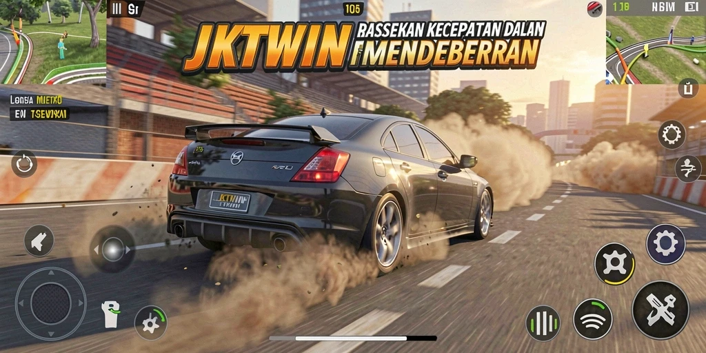 Tangkapan layar gameplay JKTWIN menampilkan balapan mendebarkan di trek yang menawan.