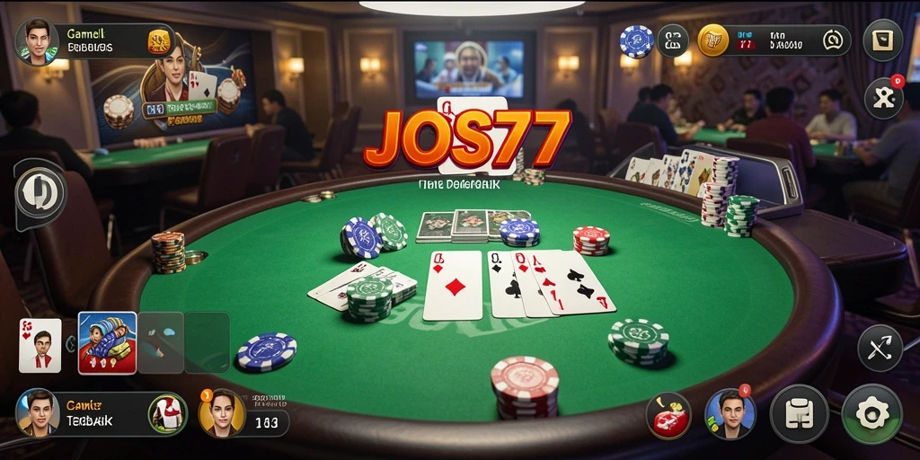 Screenshot gameplay penting JOS77 yang menunjukkan aksi poker yang mendebarkan.