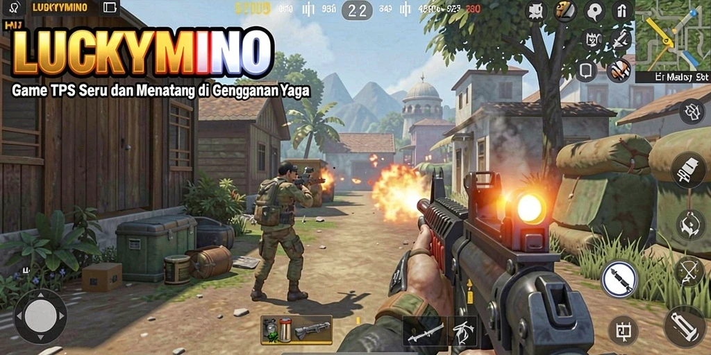 Screenshot utama LUCKYMINO dengan aksi pertempuran seru dalam TPS.