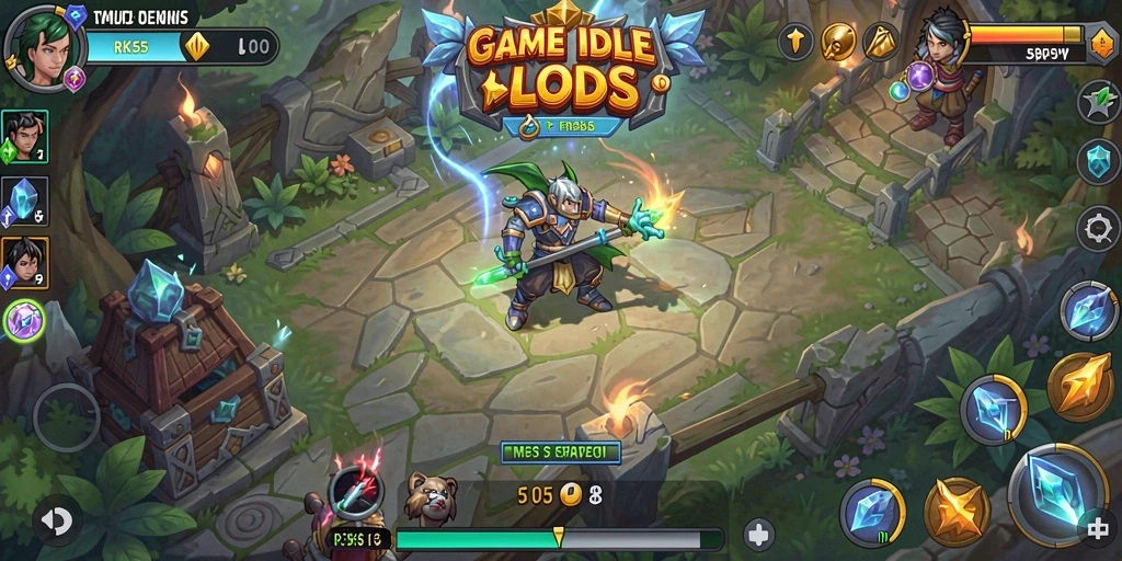 Screenshot gameplay menampilkan karakter yang bertarung secara otomatis di RK55.