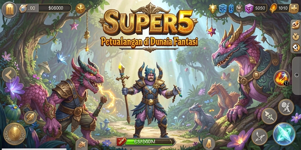 Tangkapan layar utama dari gameplay SUPER5 menampilkan aksi petualangan yang mendebarkan.