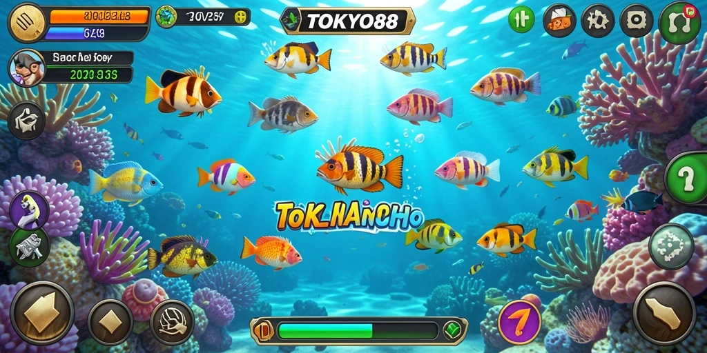 Tangkapan layar gameplay TOKYO88 yang menampilkan aksi menembak ikan.