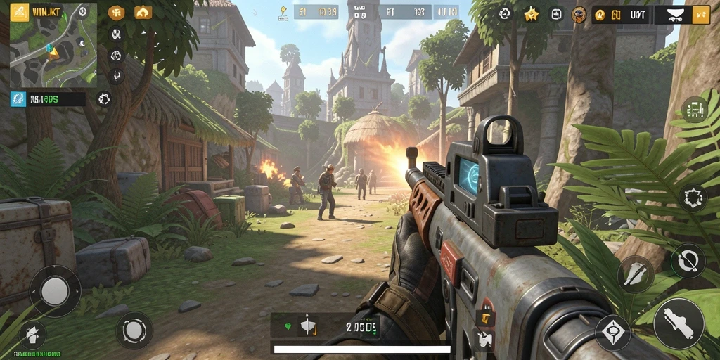 Screenshot gameplay WINJKT yang menampilkan aksi tembak-menembak yang intens.